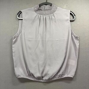 Express Sheer Blouse Top Womens Medium Light Gray Pleated Open Back Smocked Neck